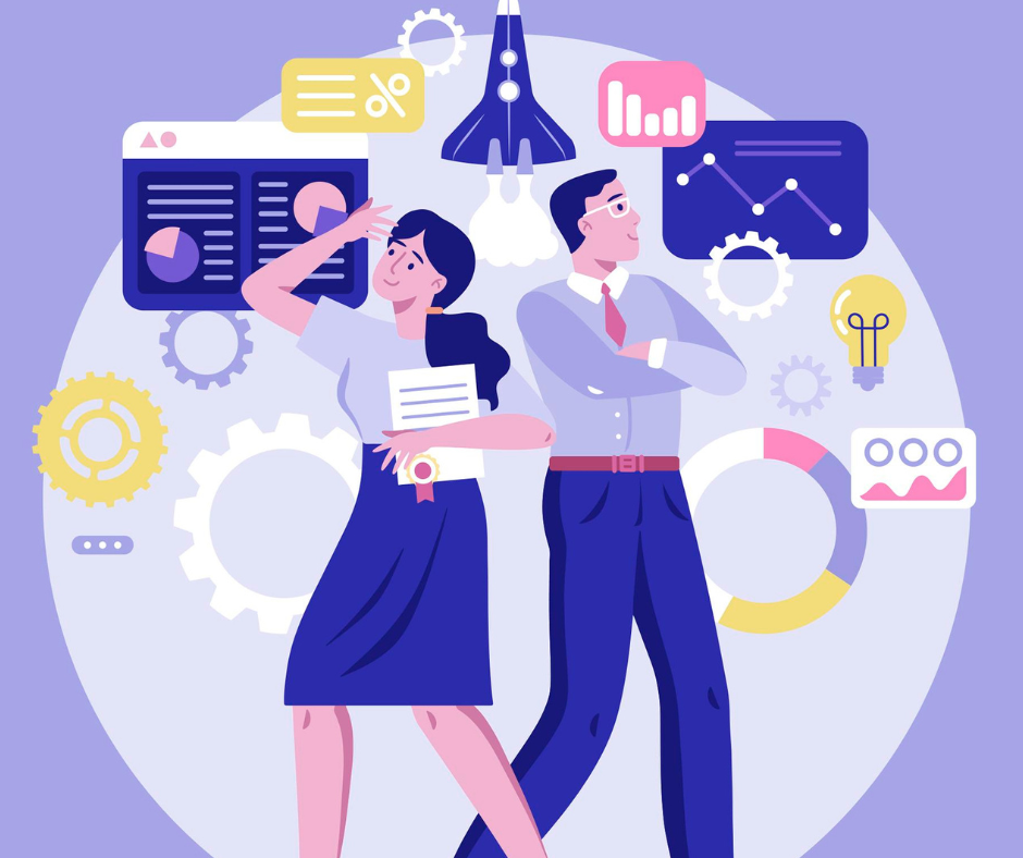 Deux professionnels analysant des graphiques entourés d’icônes techniques.