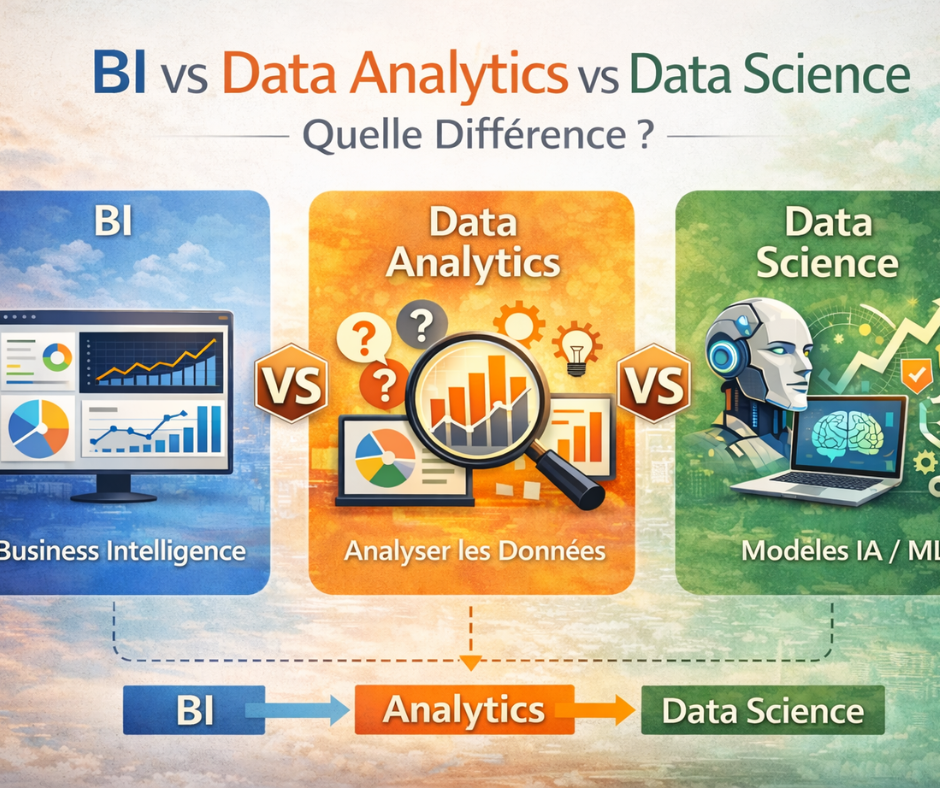 Infographie comparant la BI,la Data Analytics et la Data Science.