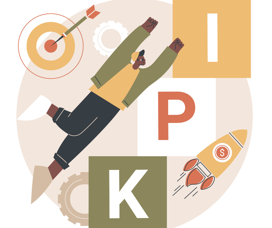 Illustration d'un homme s'élevant vers des blocs KPI, une cible et une fusée.