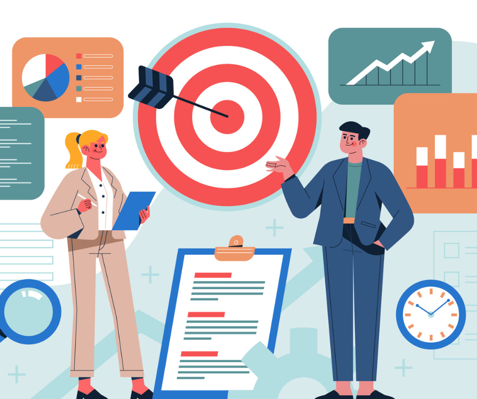 Deux personnes analysent une cible et des graphiques de données en réunion.