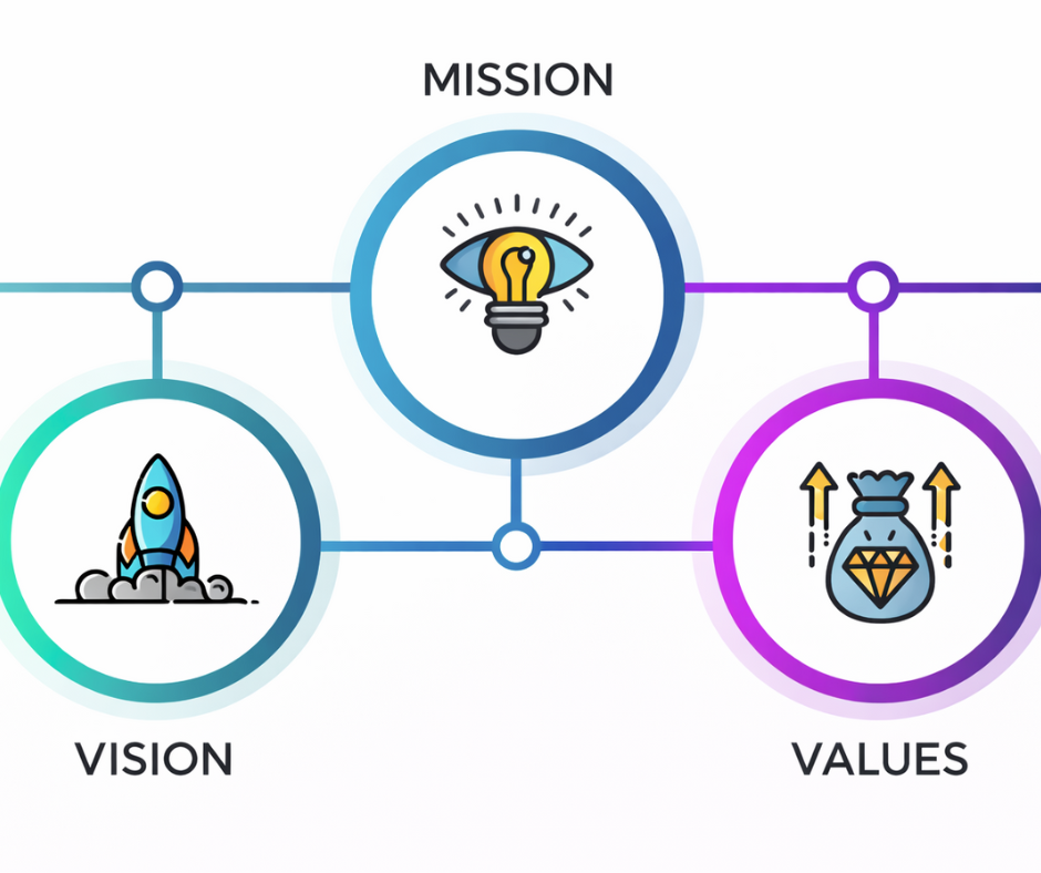 Infographie avec des icônes pour la vision, la mission et les valeurs dans des cercles reliés