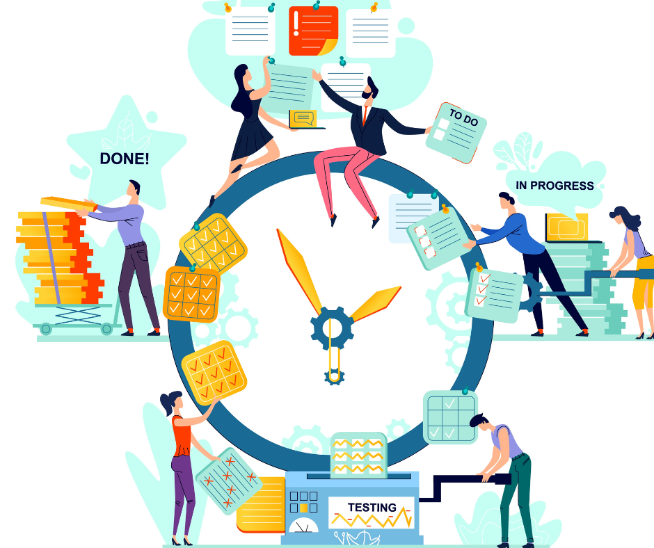 Des personnages s'organisent autour d'une horloge pour gérer leurs tâches.