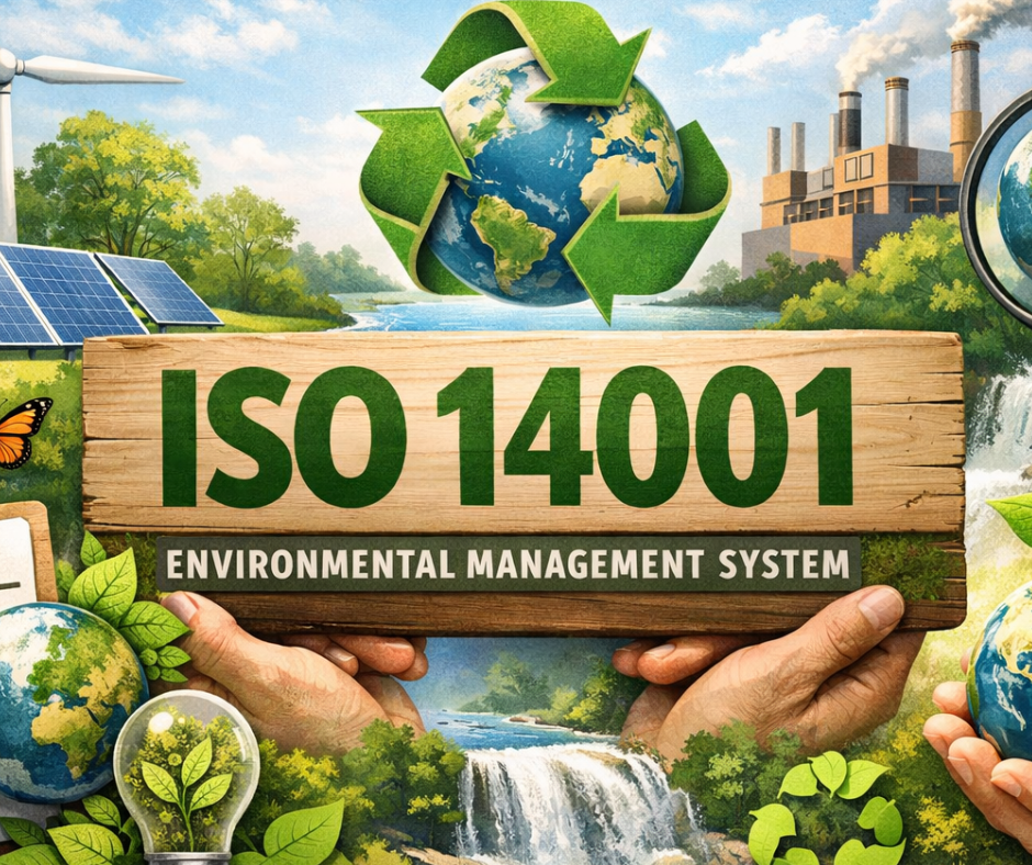 Un panneau en bois affiche ISO 14001 pour le management environnemental.