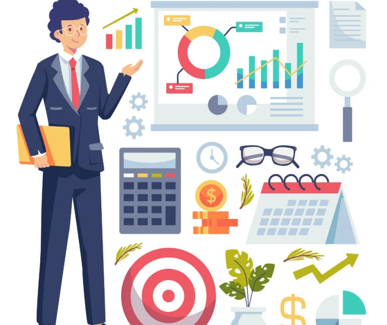 homme en costume avec des graphes et tableau en arriere plan.