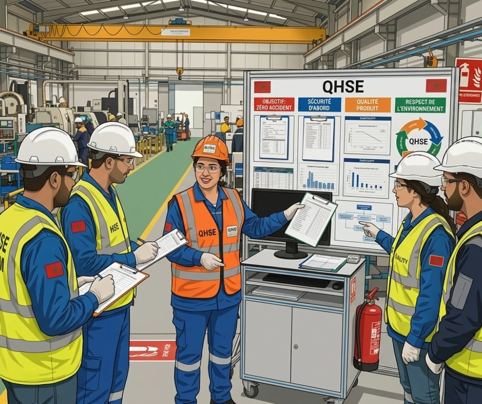 Des employés en tenue de sécurité examinent un panneau QHSE en usine.