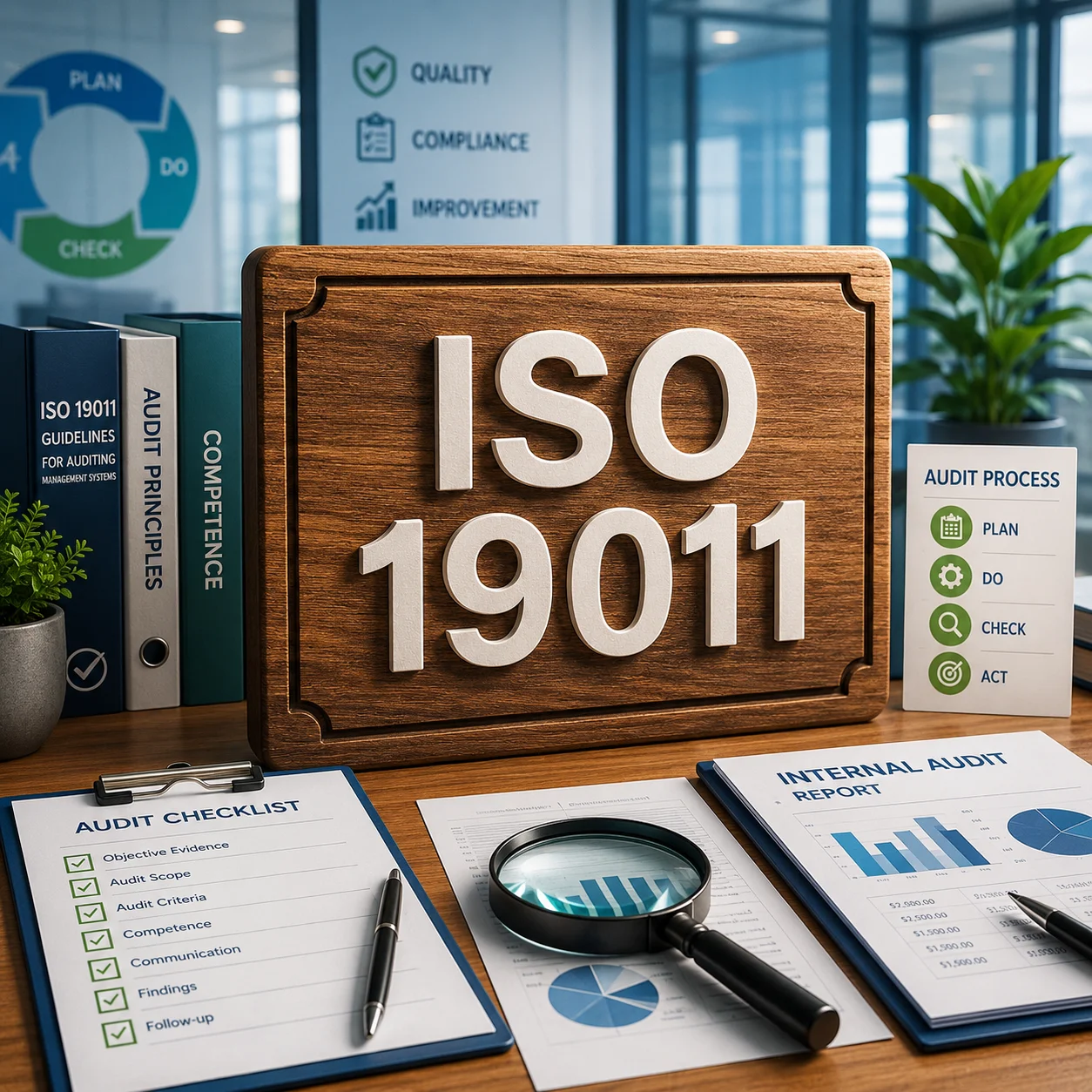 Plaque en bois ISO 19011 sur un bureau avec des documents d'audit interne.