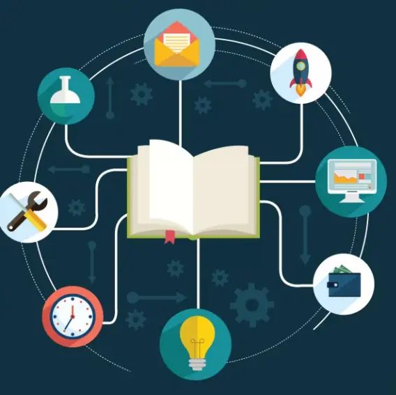 Illustration d'un livre ouvert entouré de diverses icônes d'apprentissage.