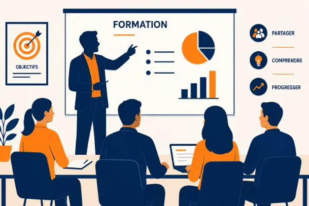 Illustration d’une formation en entreprise avec présentation et participants