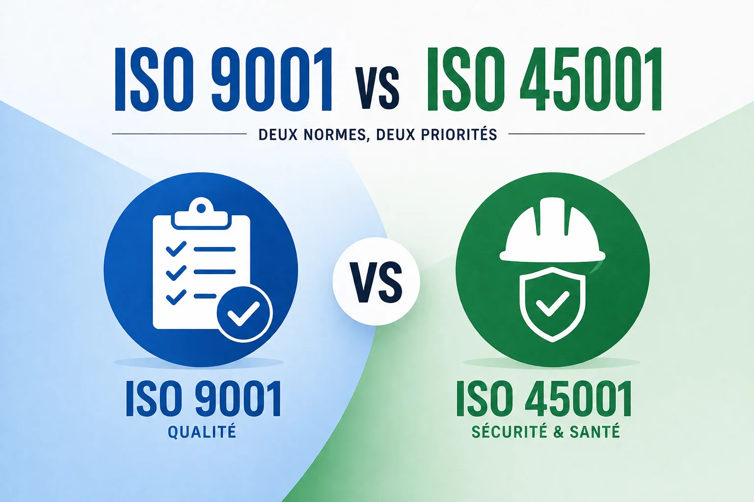 Comparaison visuelle entre la norme qualité ISO 9001 et la norme sécurité ISO 45001