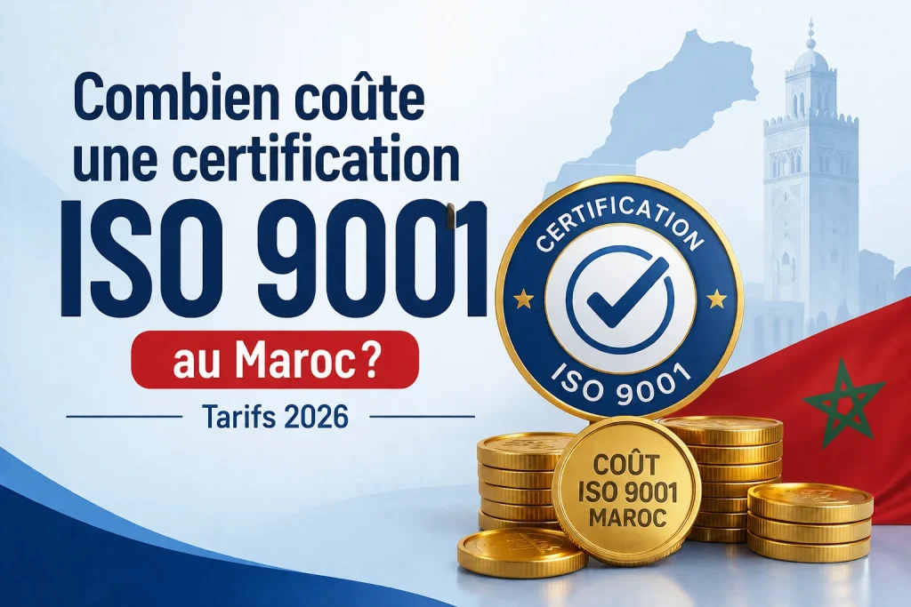 Pièces de monnaie et badge de certification illustrant le coût ISO 9001 Maroc