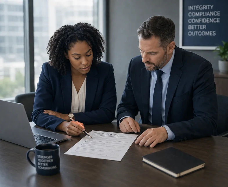 Formateur et participant analysant un rapport de conformité en formation IA