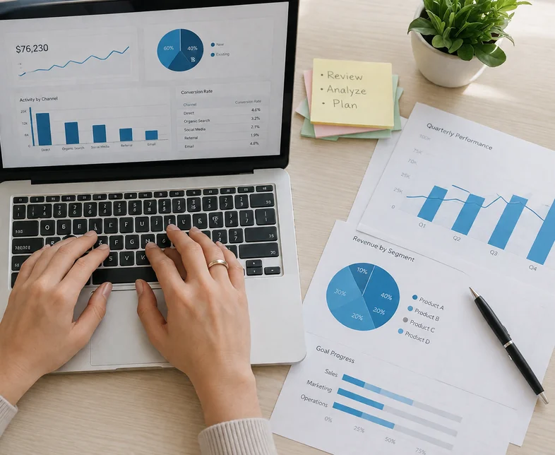 Mains sur un clavier analysant un tableau de bord de données de gestion via IA