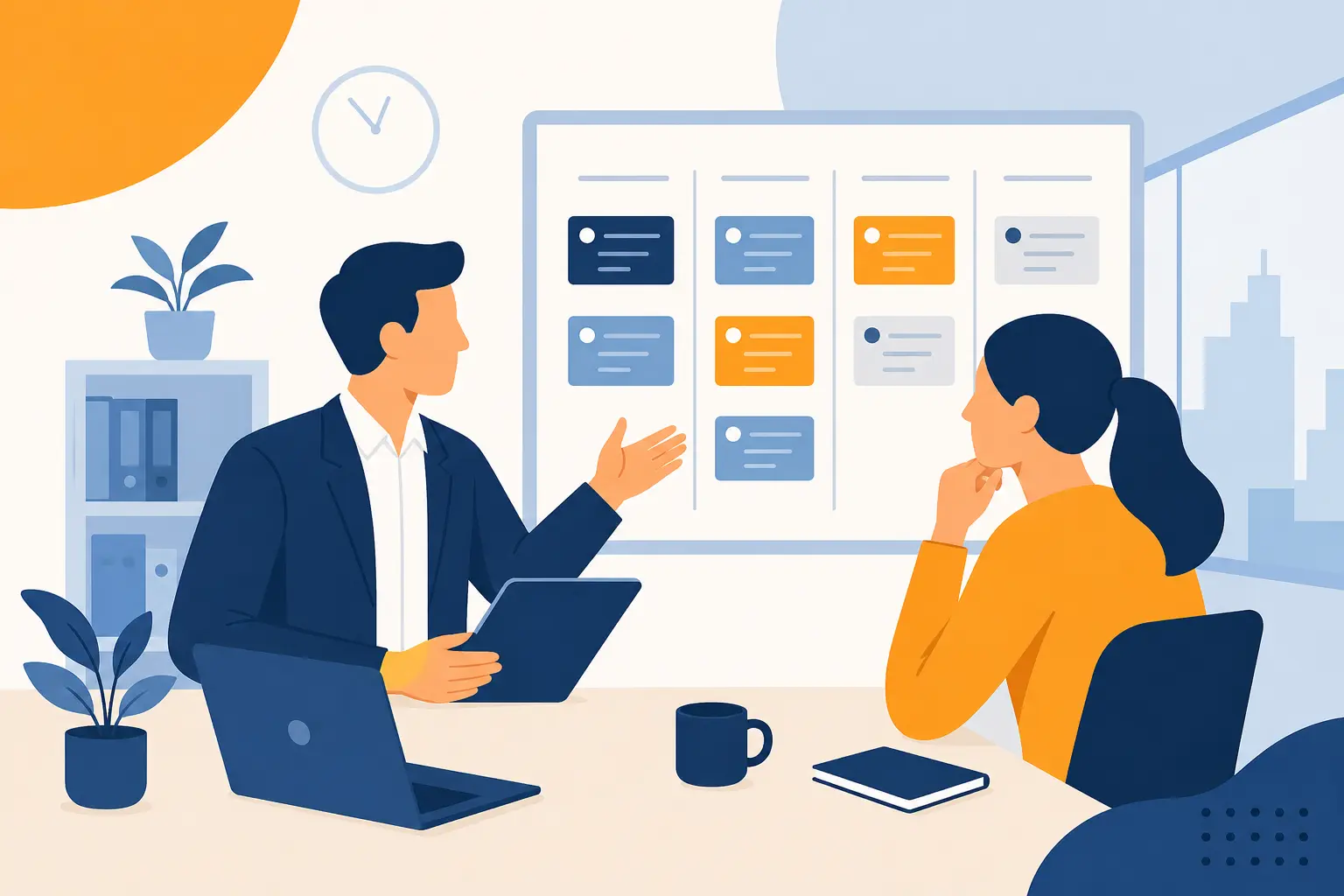 Manager discutant avec un collaborateur autour d’un tableau de tâches déléguées