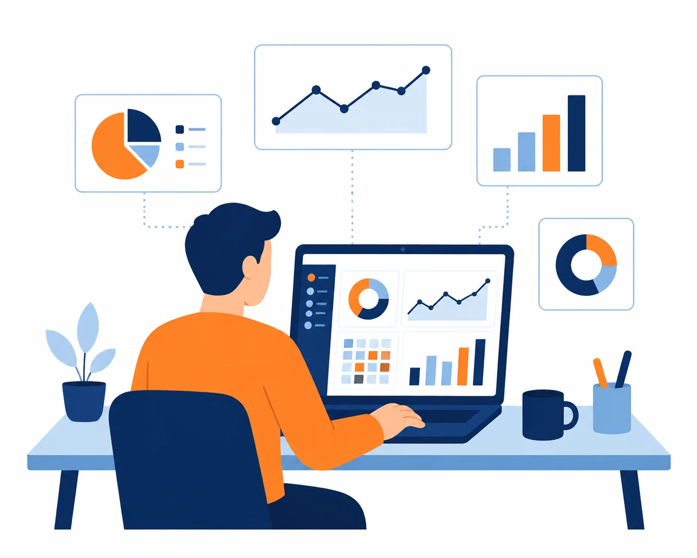 Alt text image de couverture : Illustration flat vector d'un débutant créant un tableau de bord Power BI
