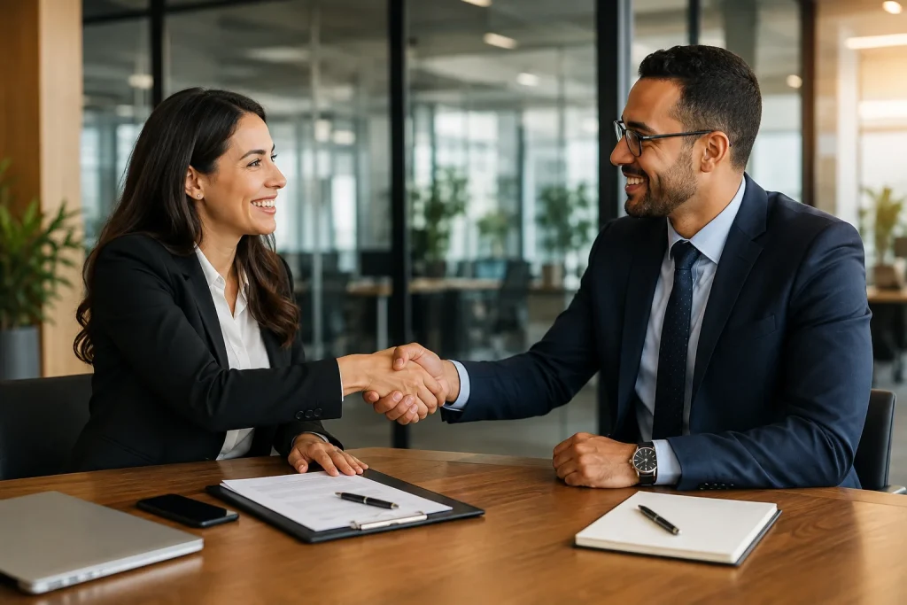 Formation techniques de vente et négociation : poignée de main entre collègues