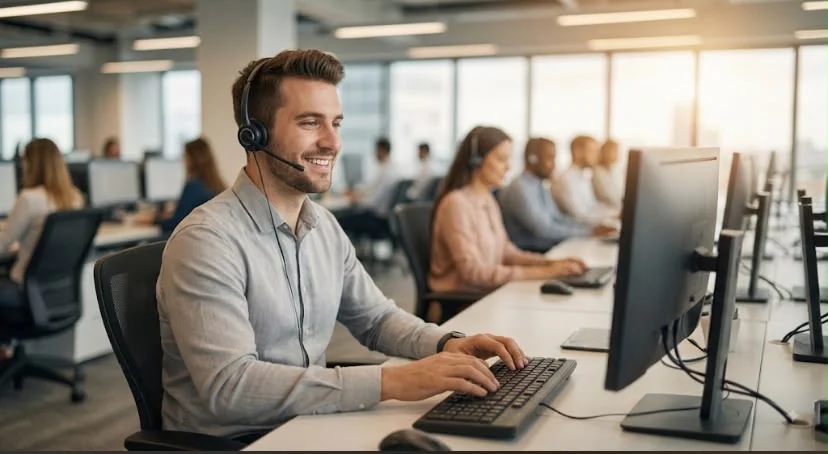 Formation télévente et téléprospection : conseiller avec casque au centre d'appels