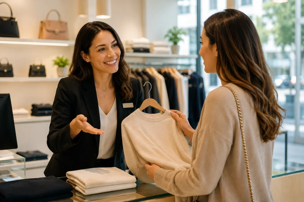 Formation vente boutique et relation client : vendeuse conseille une cliente