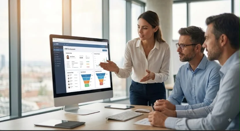 Formation vente consultative et solutions : équipe analysant un tableau de bord CRM