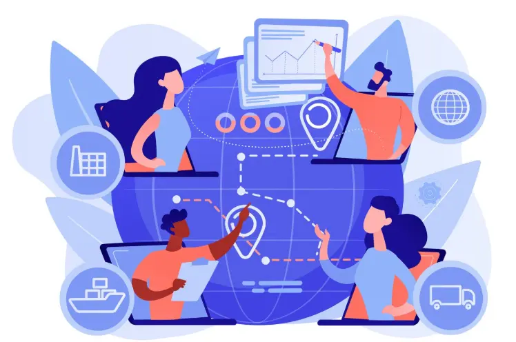 Illustration de personnes collaborant en ligne autour d'un globe terrestre.