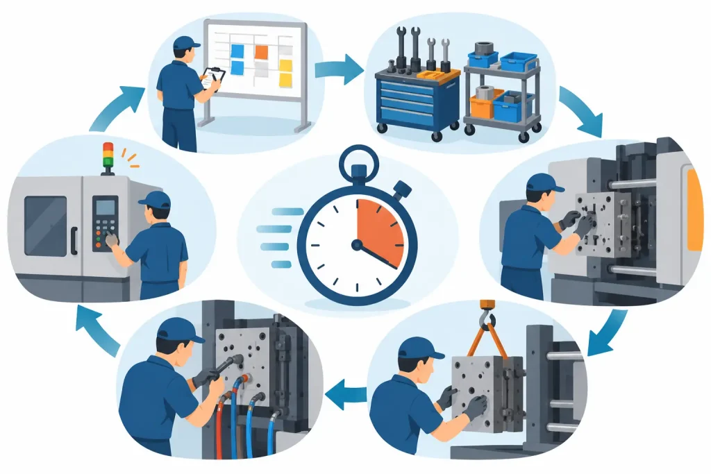 Illustration du cycle SMED pour réduire les temps de changement
