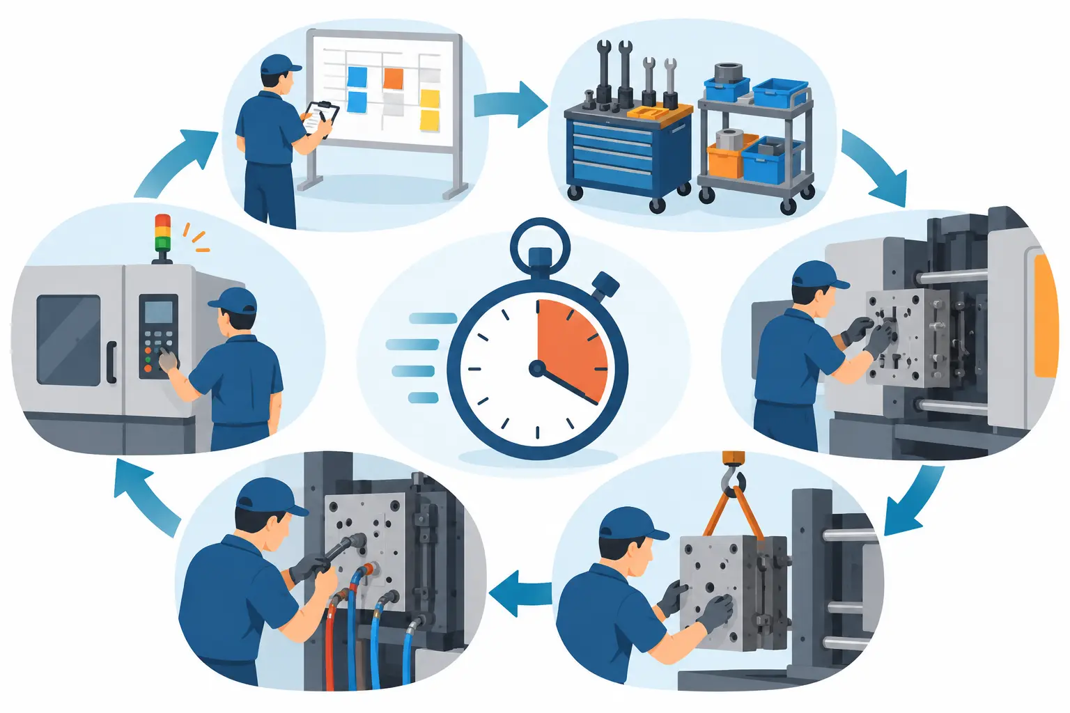 Illustration du cycle SMED pour réduire les temps de changement