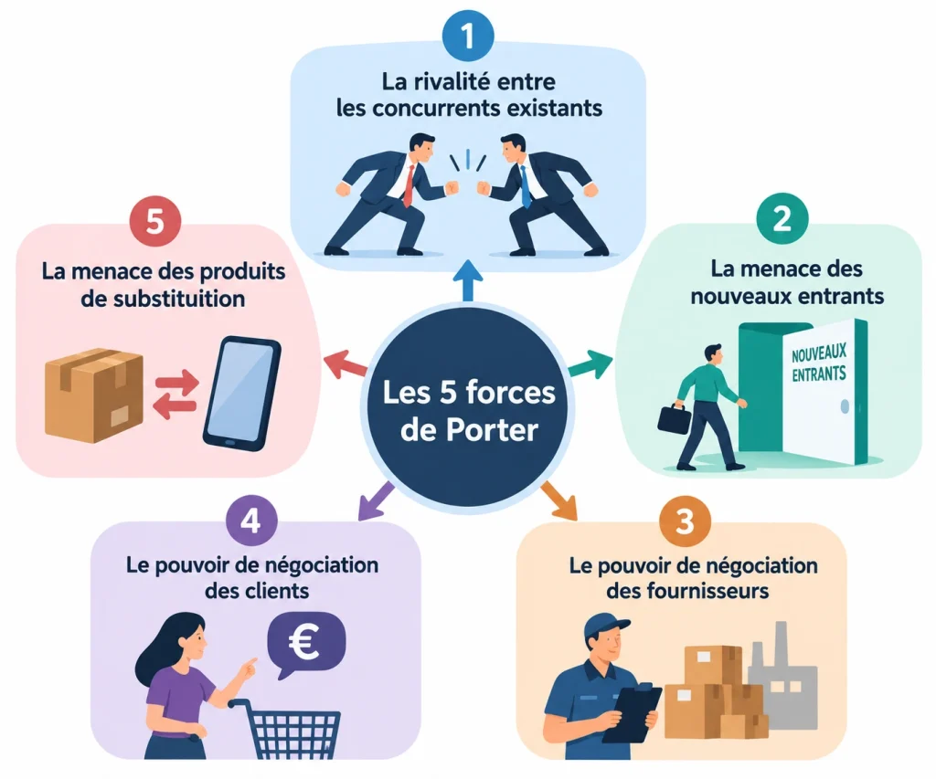 Les 5 forces de Porter illustrées par un schéma stratégique