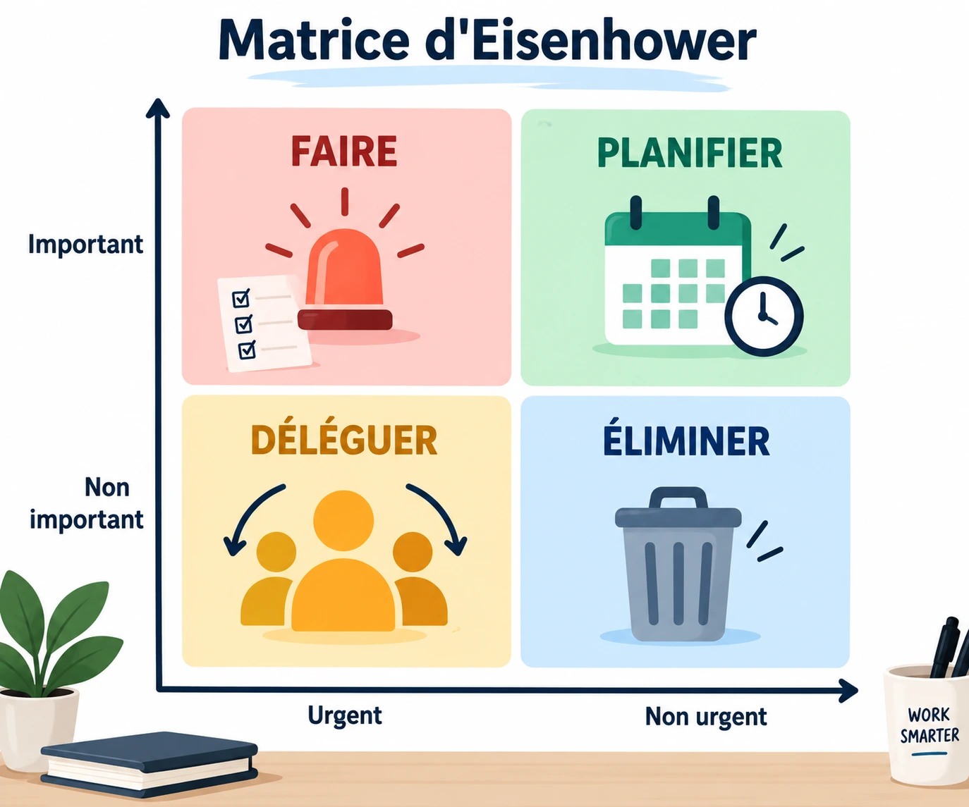 Matrice d’Eisenhower classant les tâches selon leur urgence et importance.