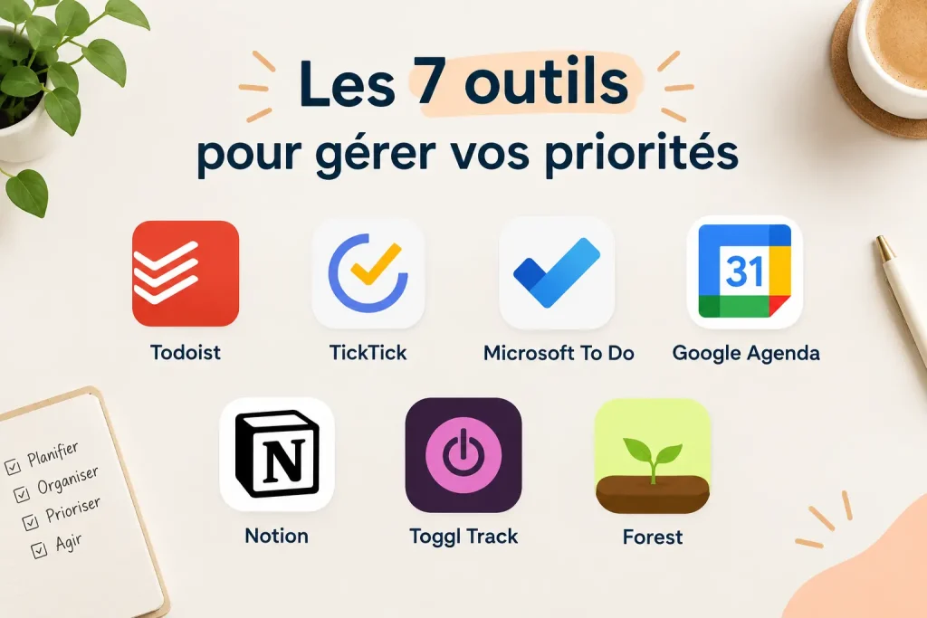 Visuel présentant 7 applications pour gérer ses priorités et sa productivité.