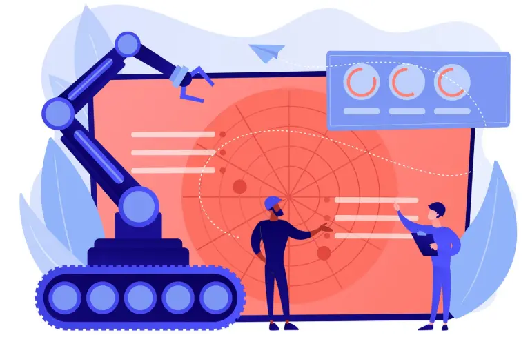 Illustration de techniciens supervisant un bras robotique et des graphiques.