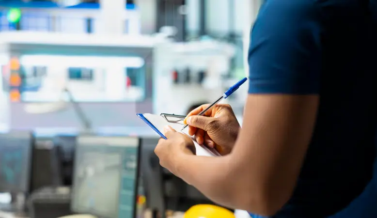 Inspecteur prenant des notes sur un bloc-notes dans un atelier.