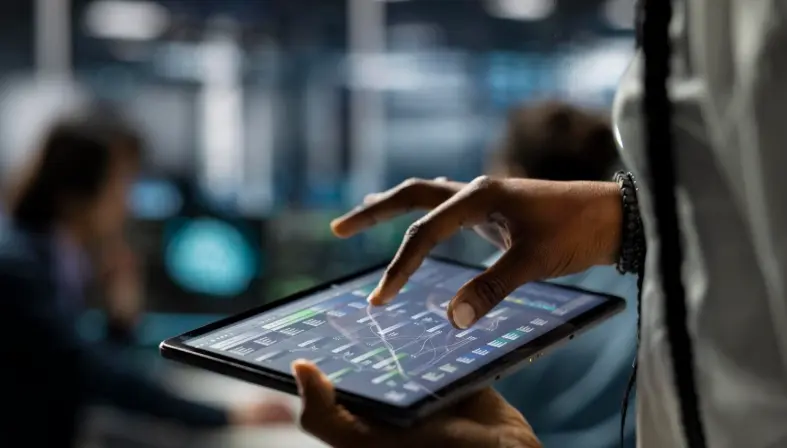 Main consultant des tableaux de bord analytiques sur une tablette tactile