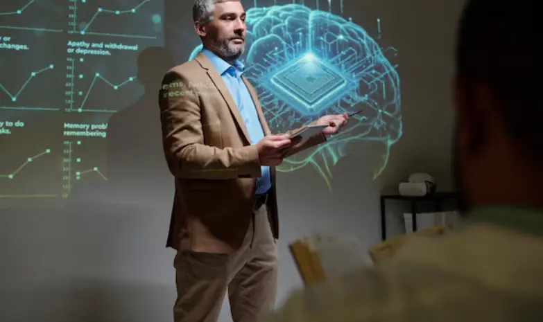 Formateur présentant un cerveau numérique et un processeur IA projetés