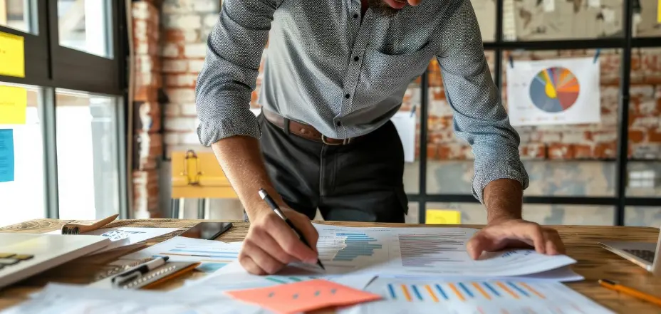 Un homme analyse des documents et graphiques pour élaborer une stratégie commerciale.